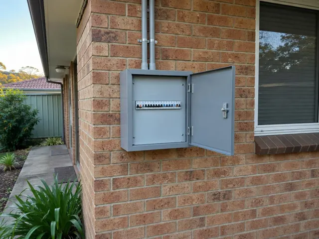 Open exterior switchboard on a brick house wall beside a window in Warners Bay